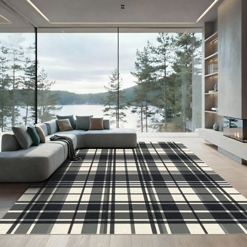 Monochrome Charcoal and Cream Plaid Rug
