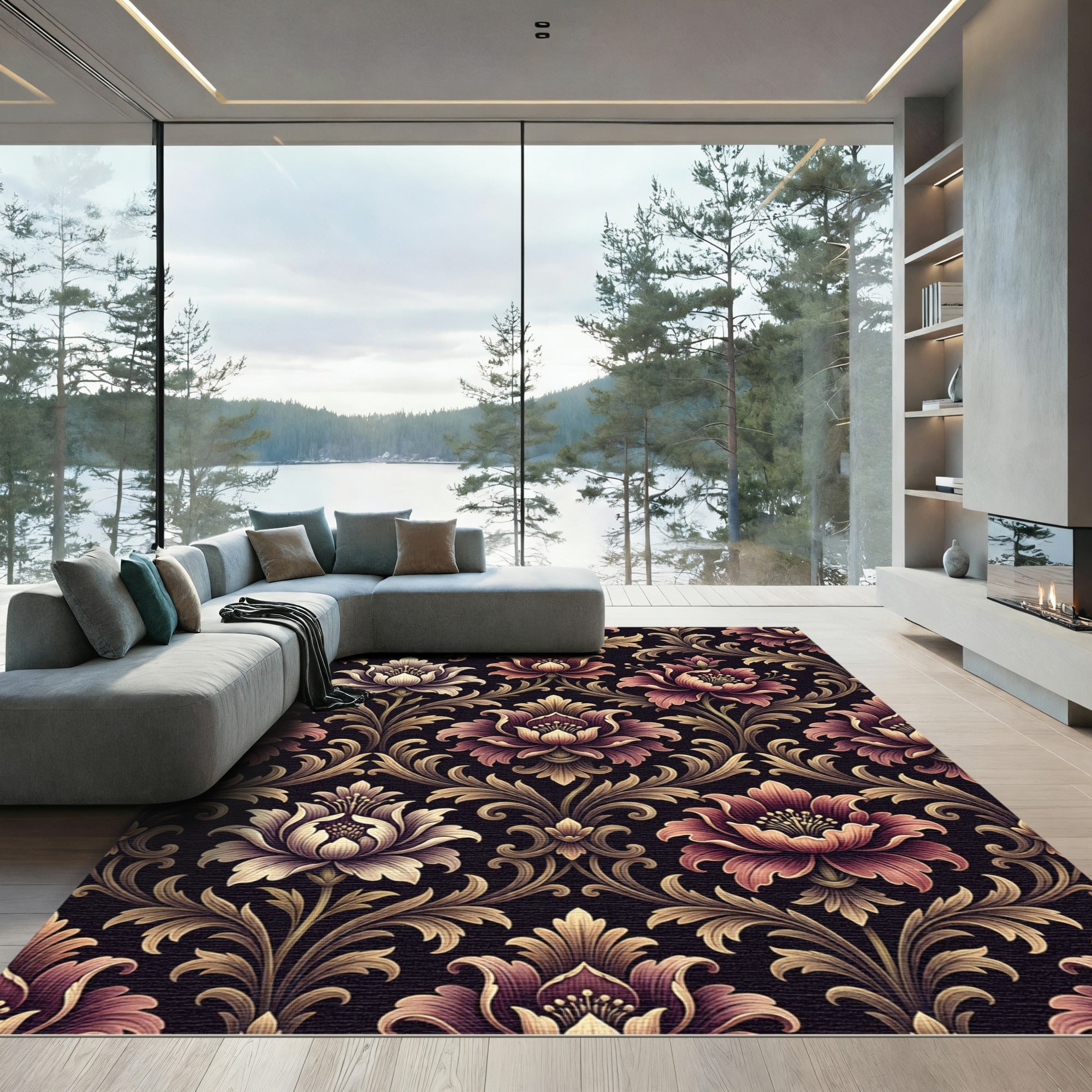 Ornate Burgundy and Gold Floral Scroll Rug