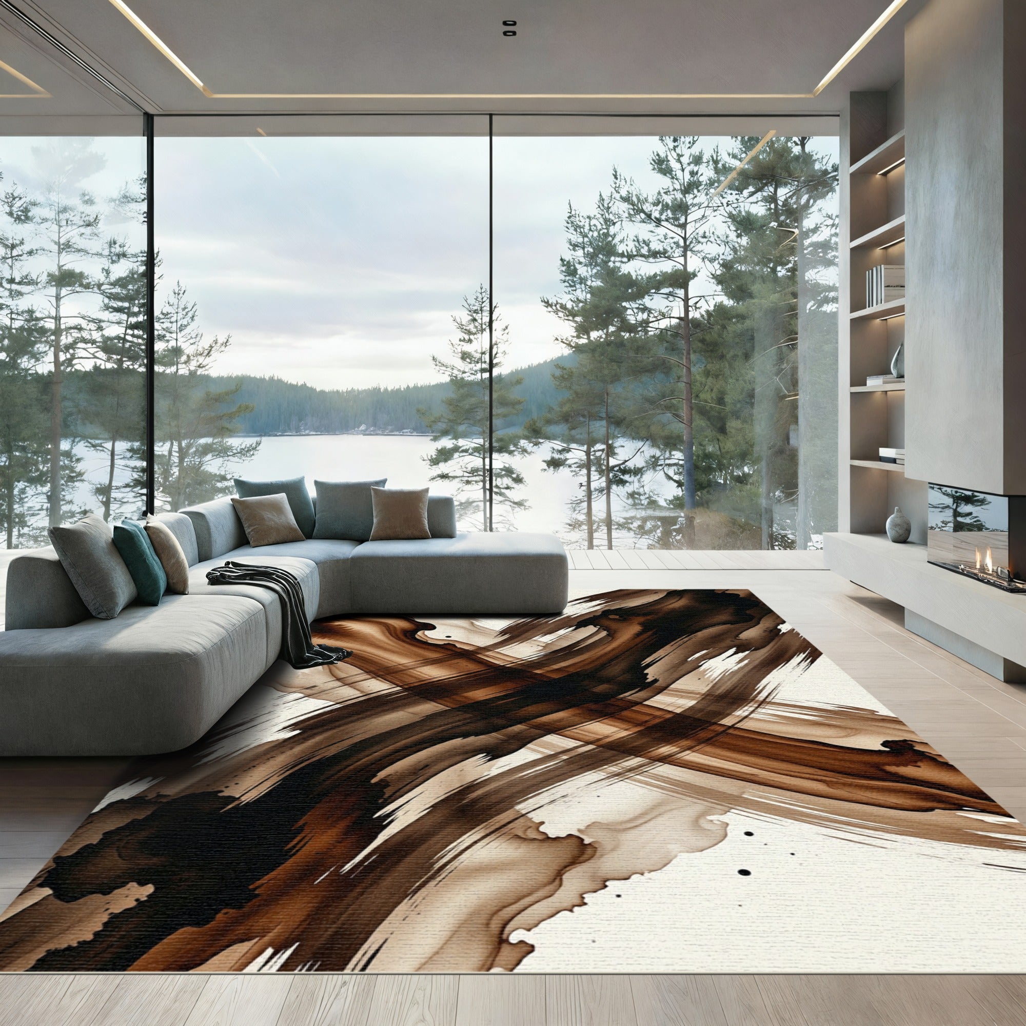 Brown Ink Wash Brush Strokes Rug