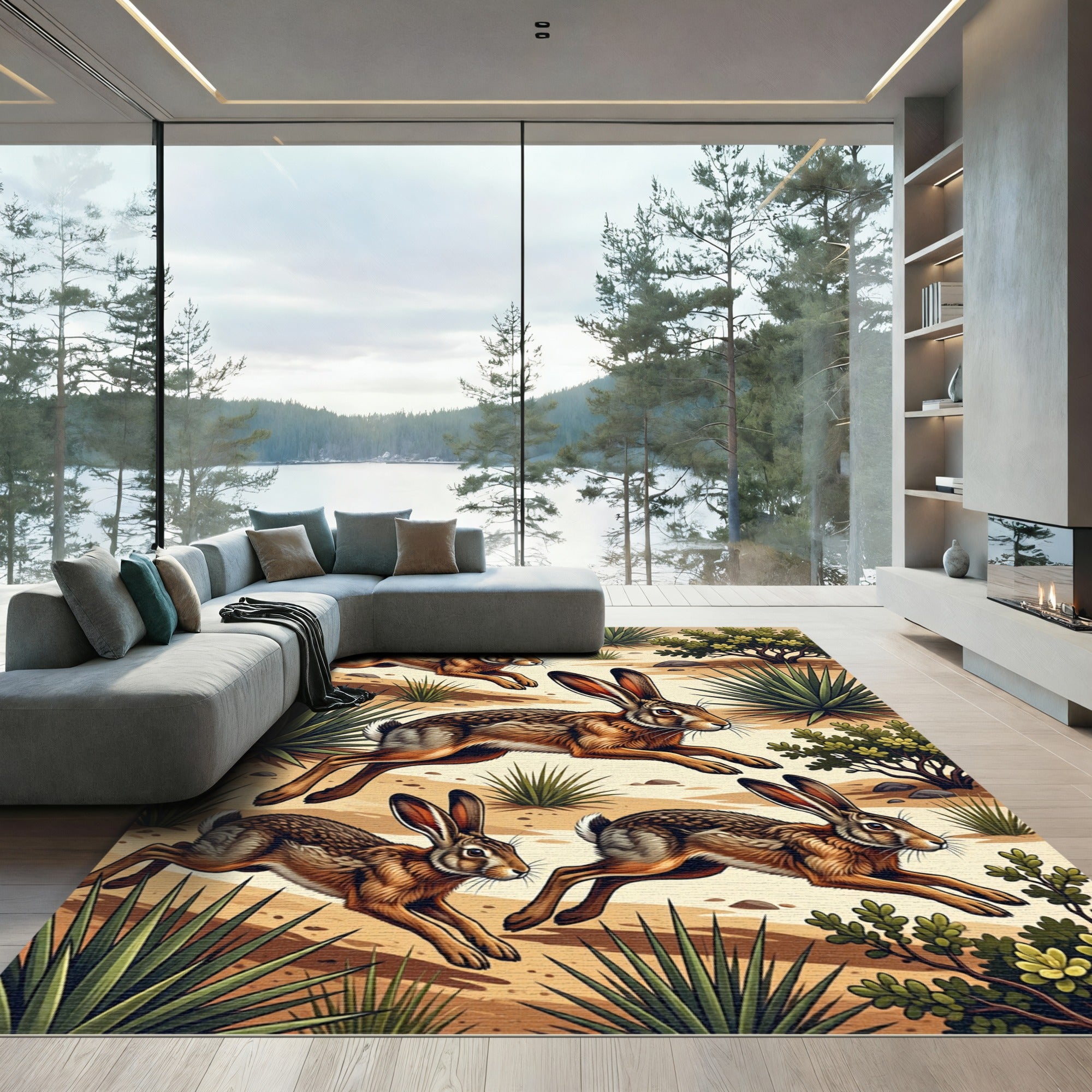Desert Jackrabbit Earthy Tone Foliage Art Rug