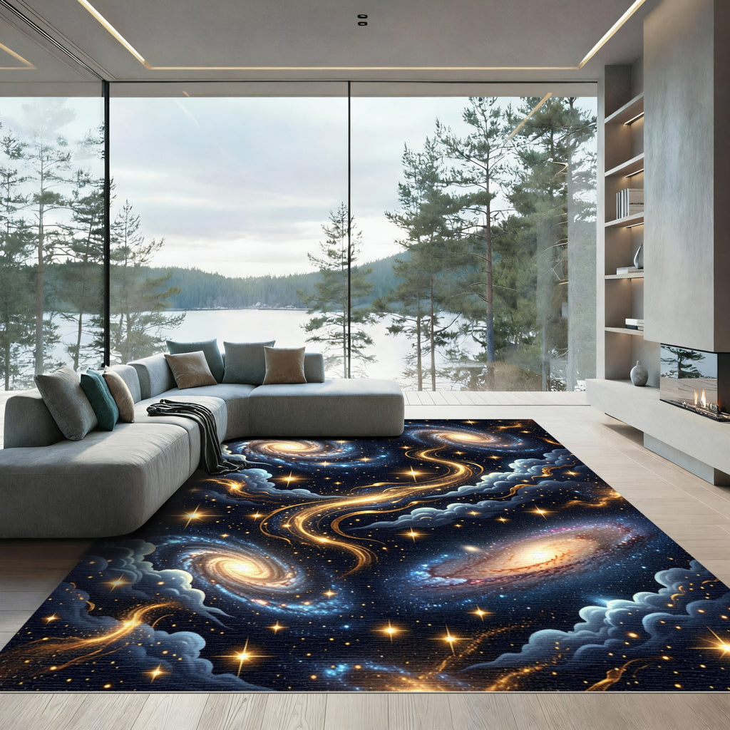 Golden Celestial Galaxy Swirls Rug