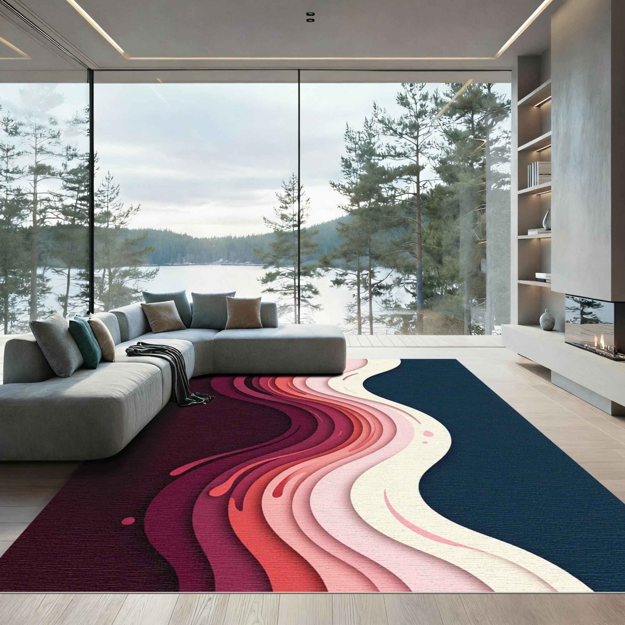 Modern Abstract Crimson Wave Gradient Rug
