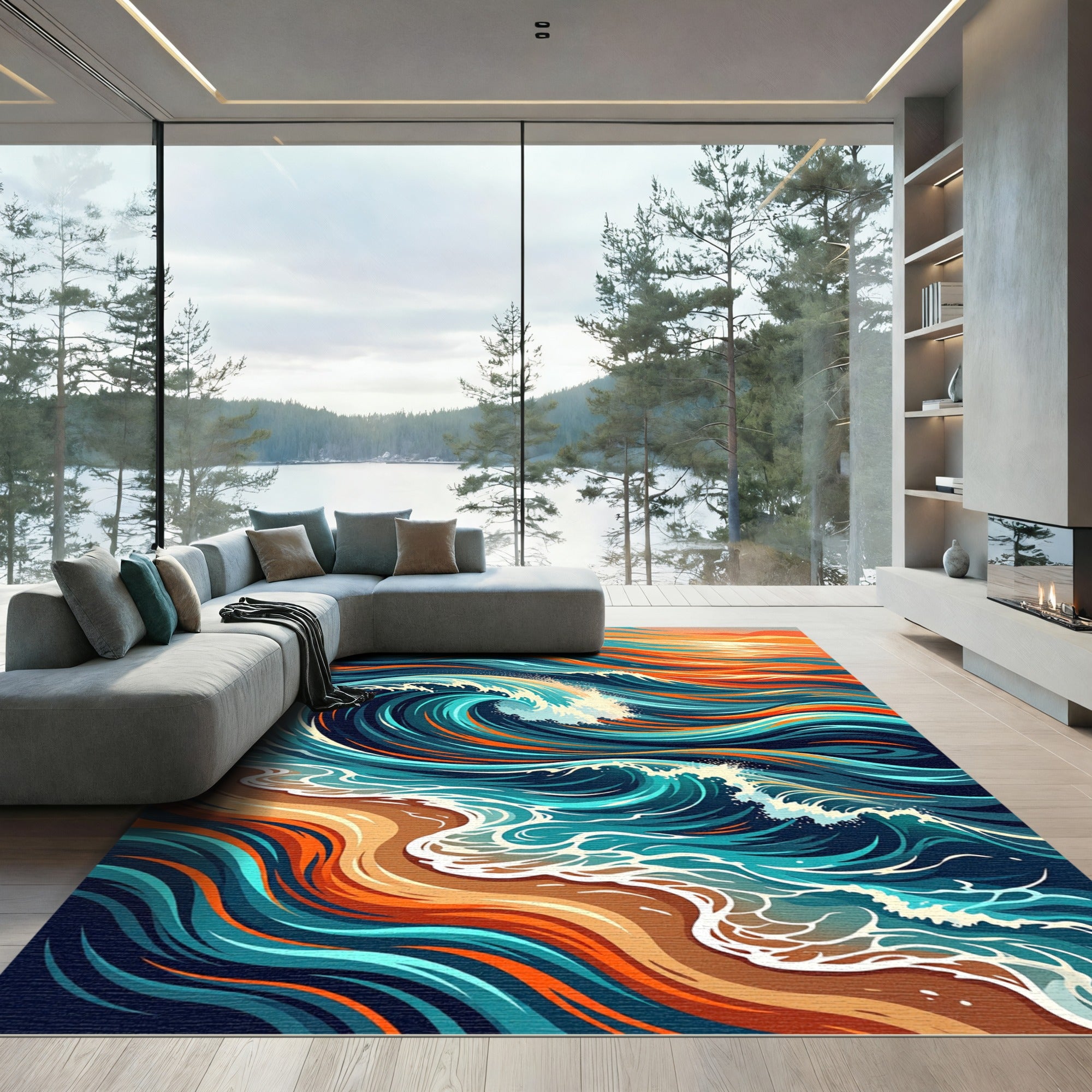 Vibrant Sunset Ocean Wave Swirl Rug