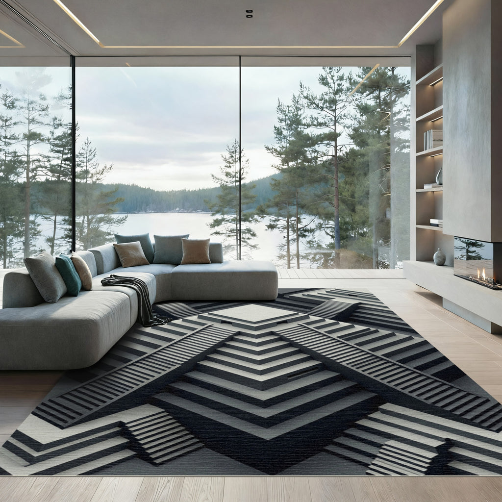Monochrome Geometric Staircase Ascending Rug