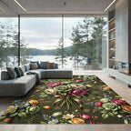 Classic Olive Green Rose Bouquet Rug