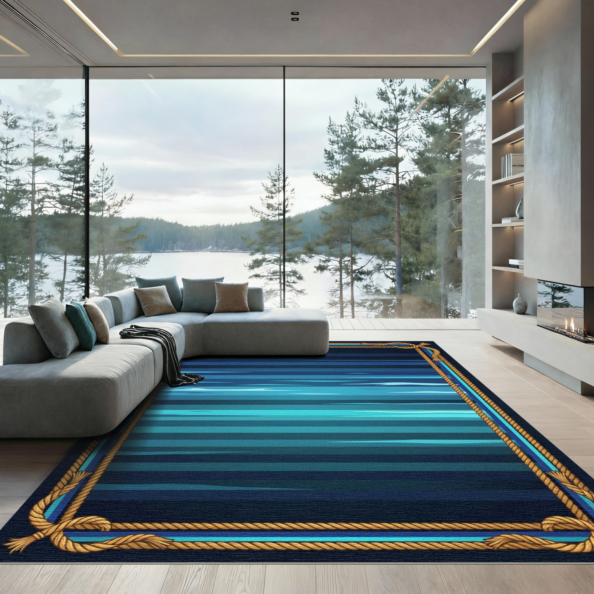 Nautical Deep Blue Aquatic Lines Rug
