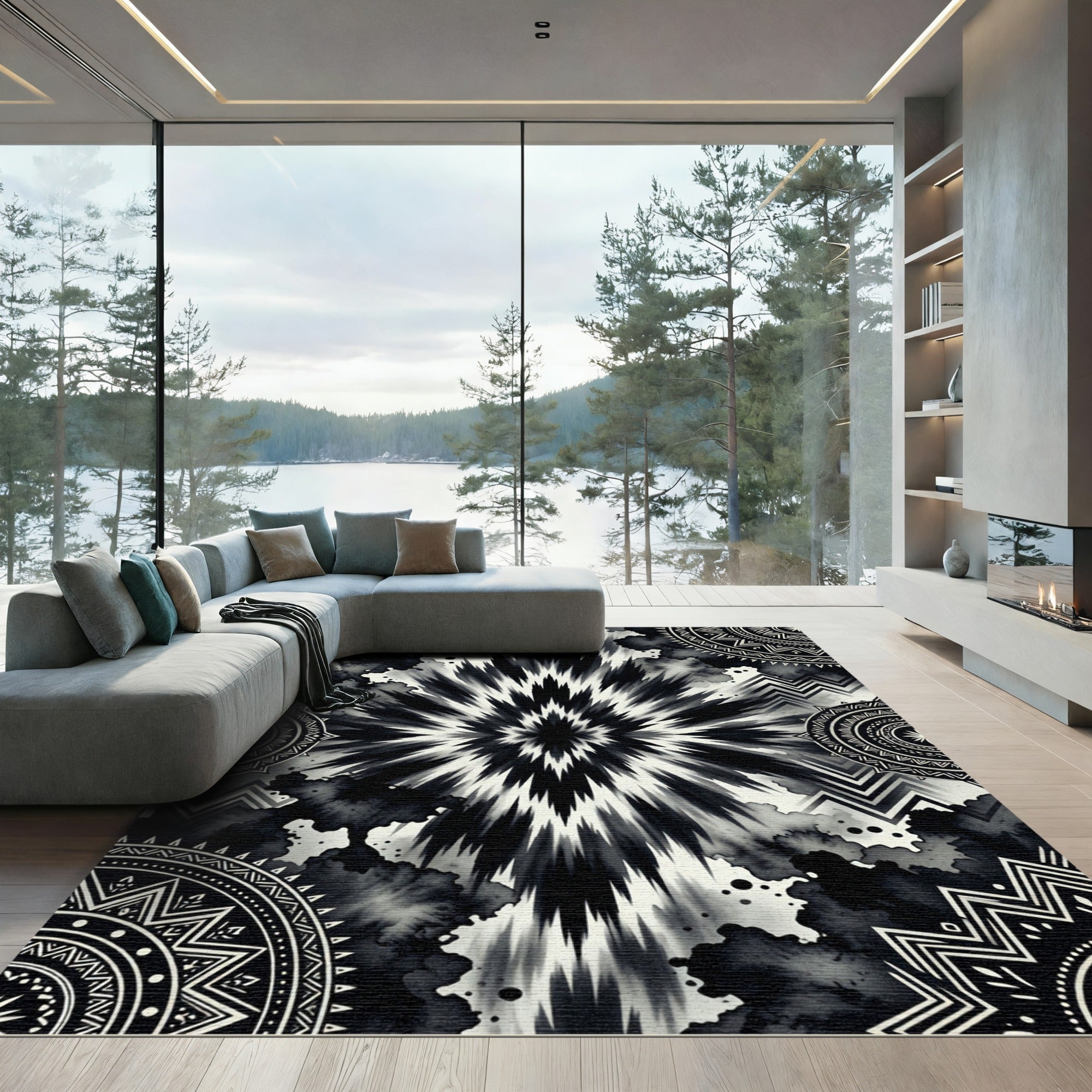 Monochromatic Tie Dye Mandalas and Zigzags Rug