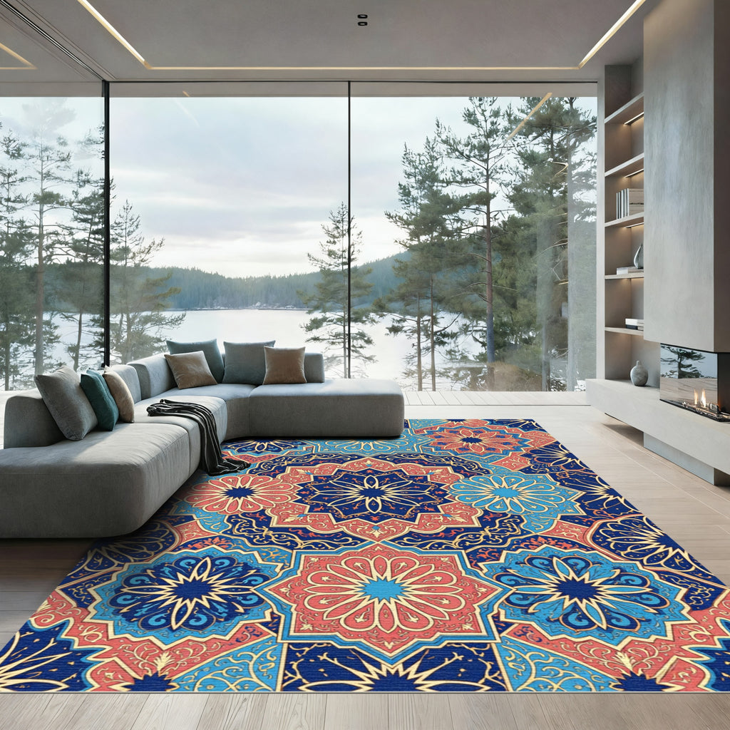 Ornate Navy Blue Floral Geometric Mandala Rug
