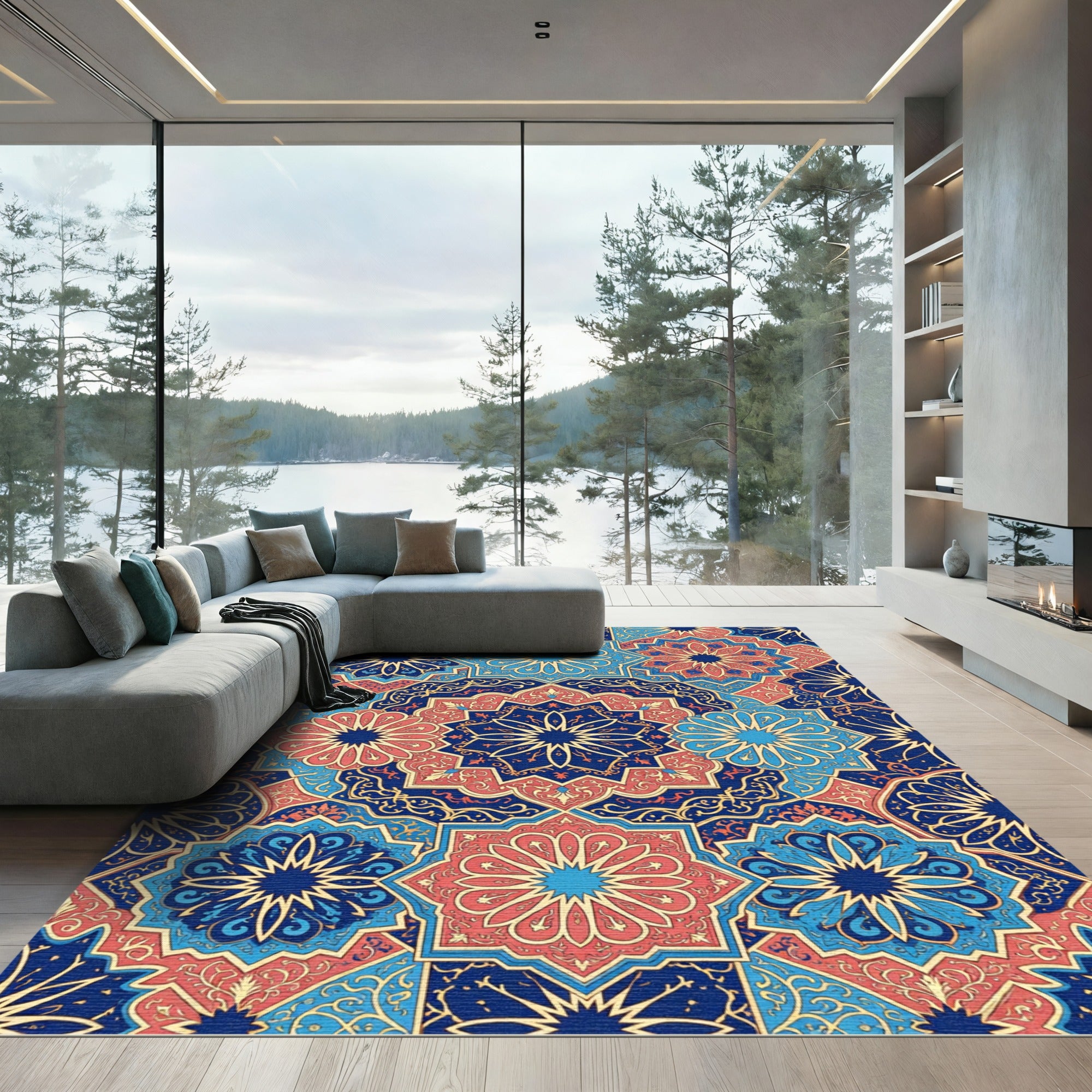 Ornate Navy Blue Floral Geometric Mandala Rug