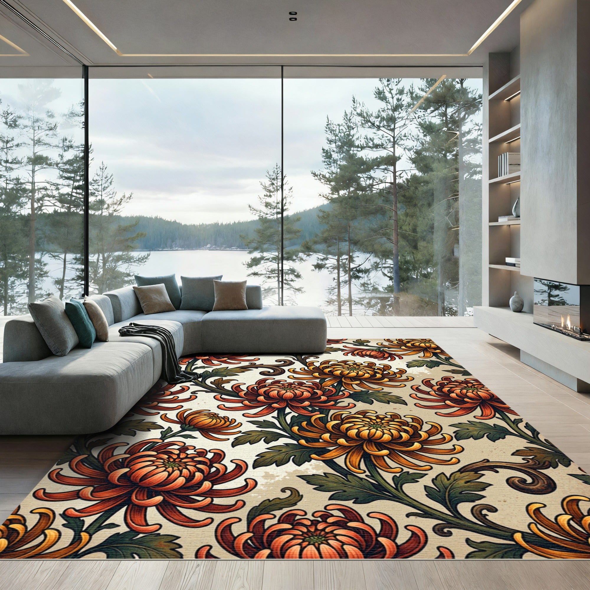Vintage Autumn Chrysanthemum Floral Botanical Rug