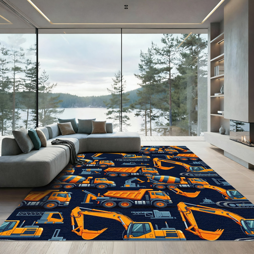 Vibrant Orange Construction Vehicle Fleet Rug