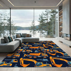 Vibrant Orange Construction Vehicle Fleet Rug