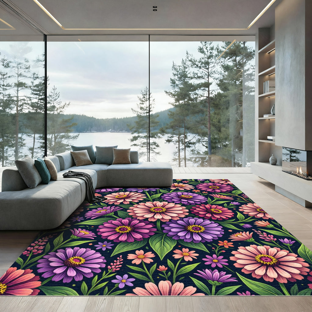 Vibrant Pink and Purple Zinnia Bouquet Rug