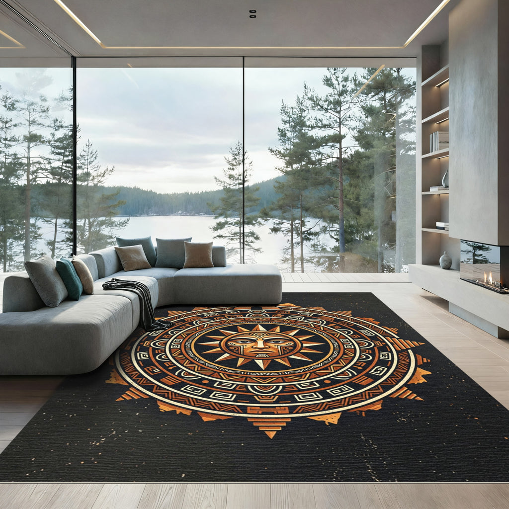 Golden Aztec Sun Celestial Medallion Rug