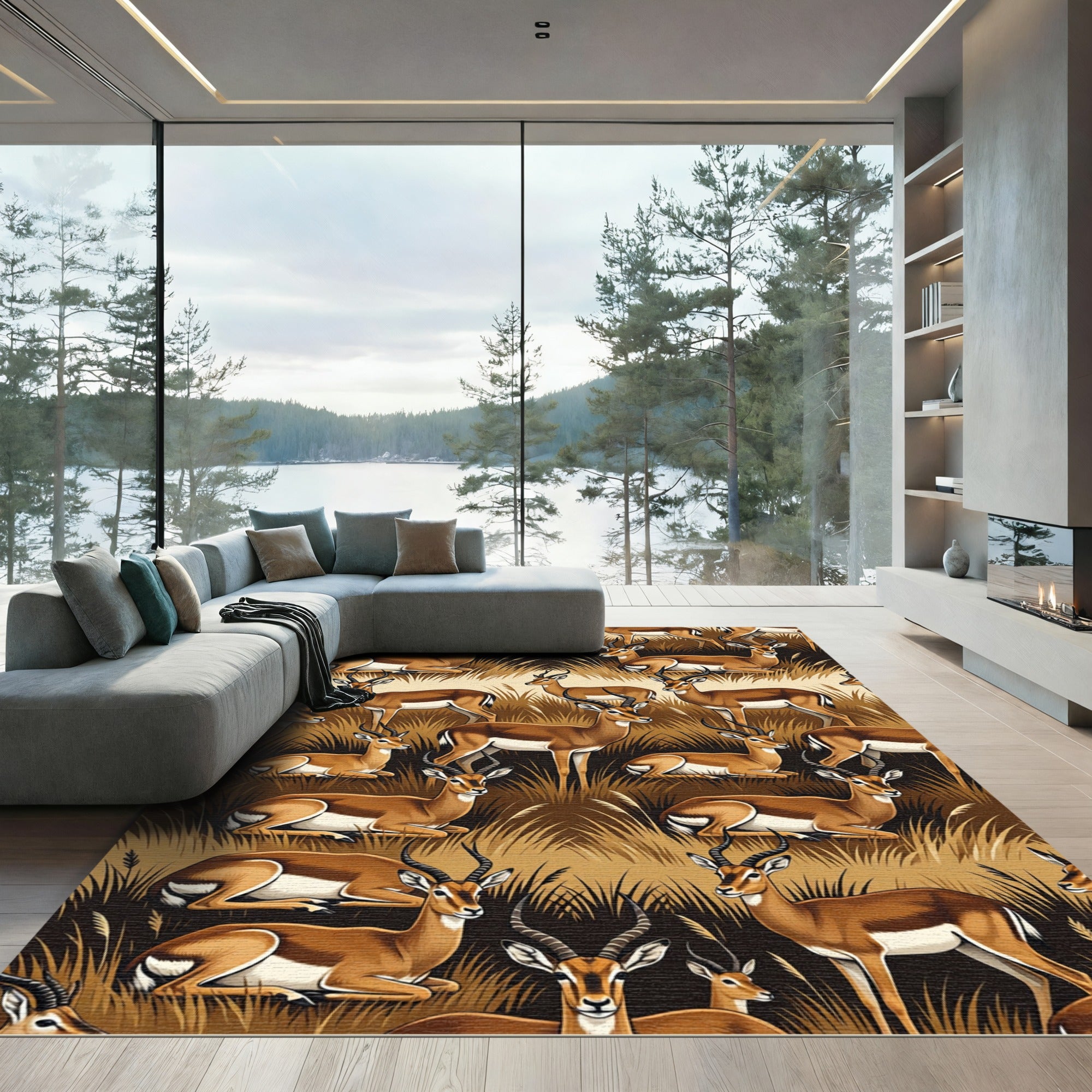 Golden Antelope Savannah Grassland Scene Rug