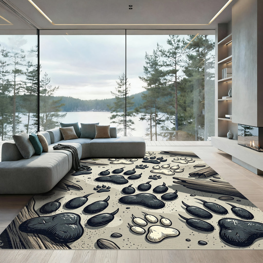 Monochrome Woodland Animal Tracks Illustration Rug