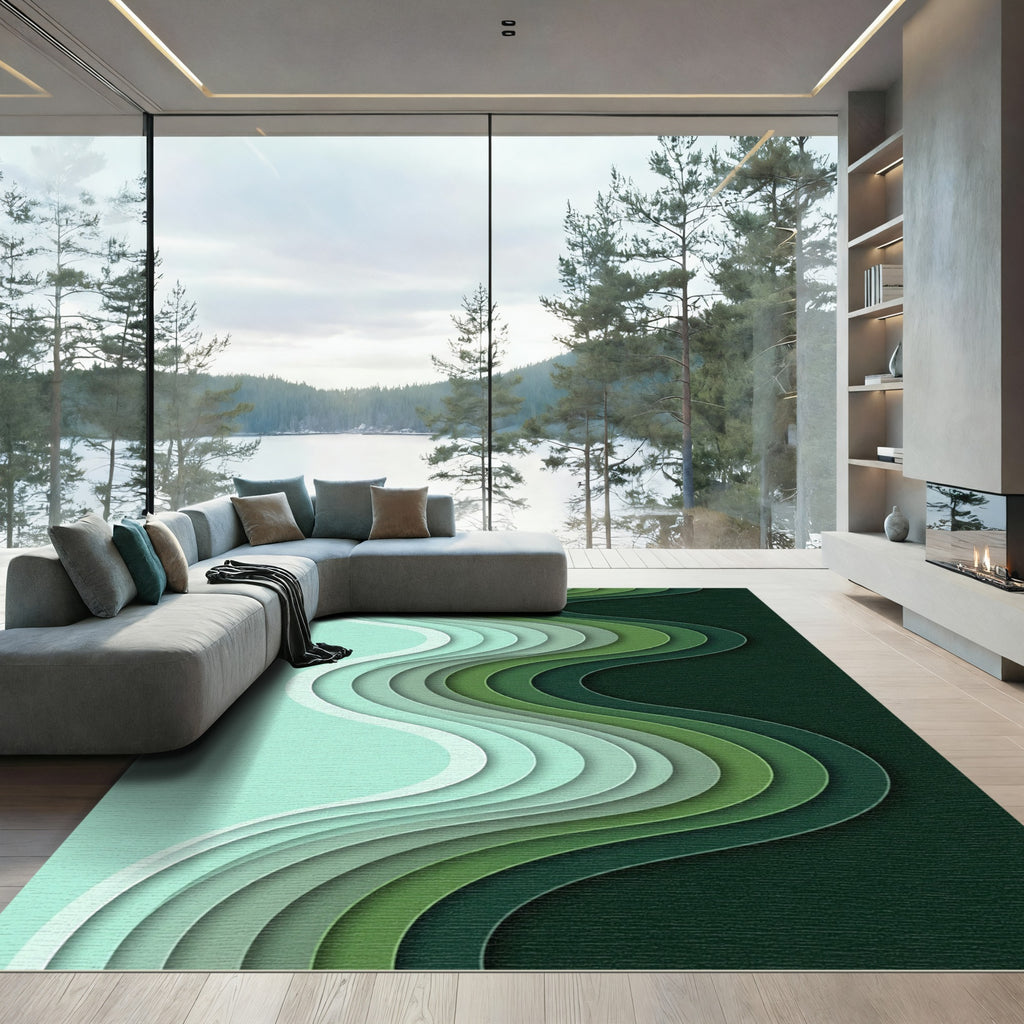 Layered Green Wave Paper Cut Rug