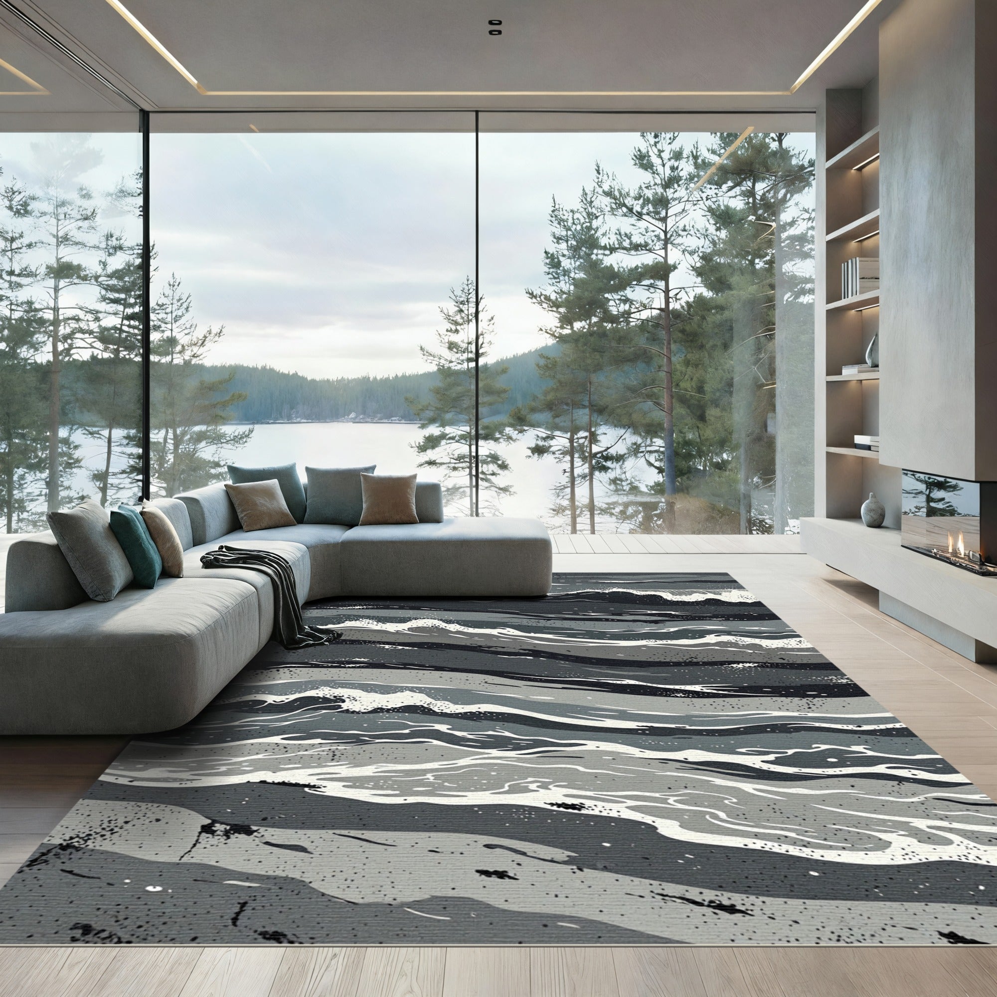 Monochromatic Abstract Ocean Waves Rug
