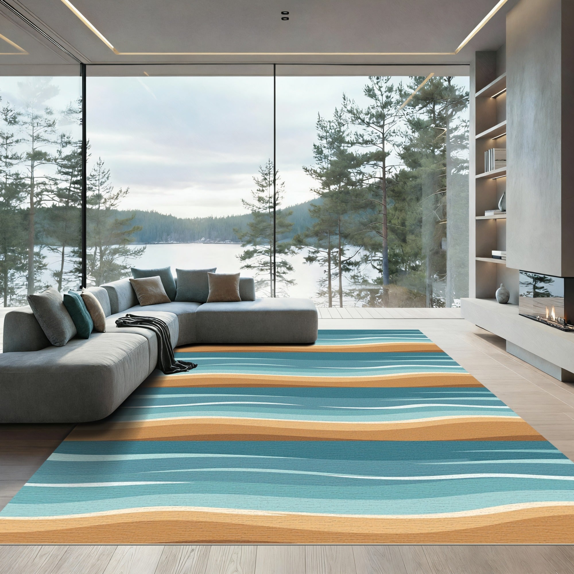 Wavy Coastal Blue and Sand Layers Rug