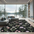 Pastel Floral Meadow Black Background Rug