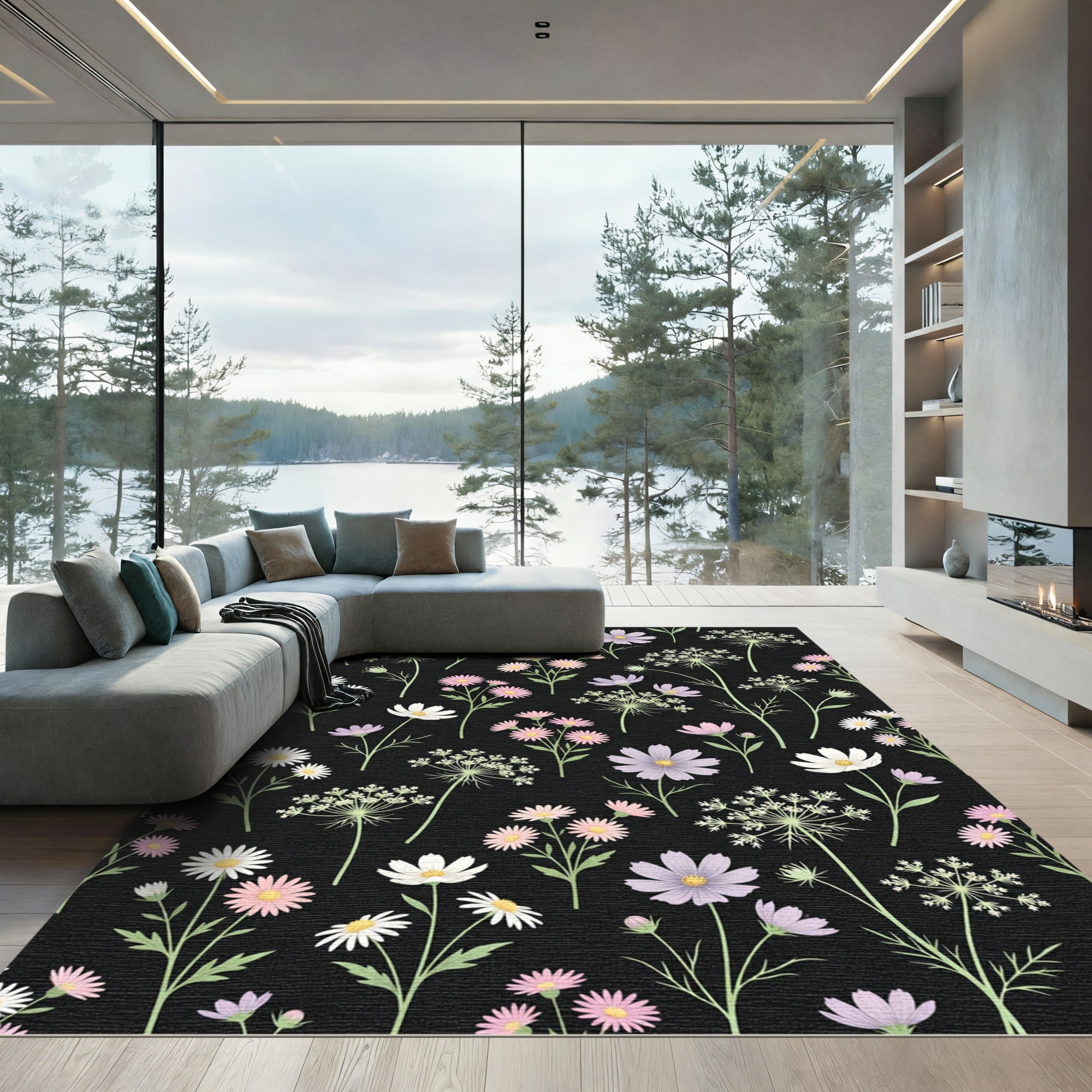 Pastel Floral Meadow Black Background Rug