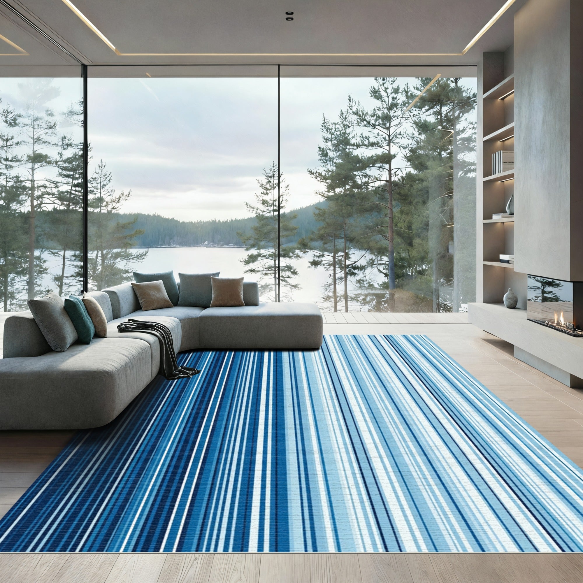 Modern Cobalt and Sky Blue Linear Stripe Rug