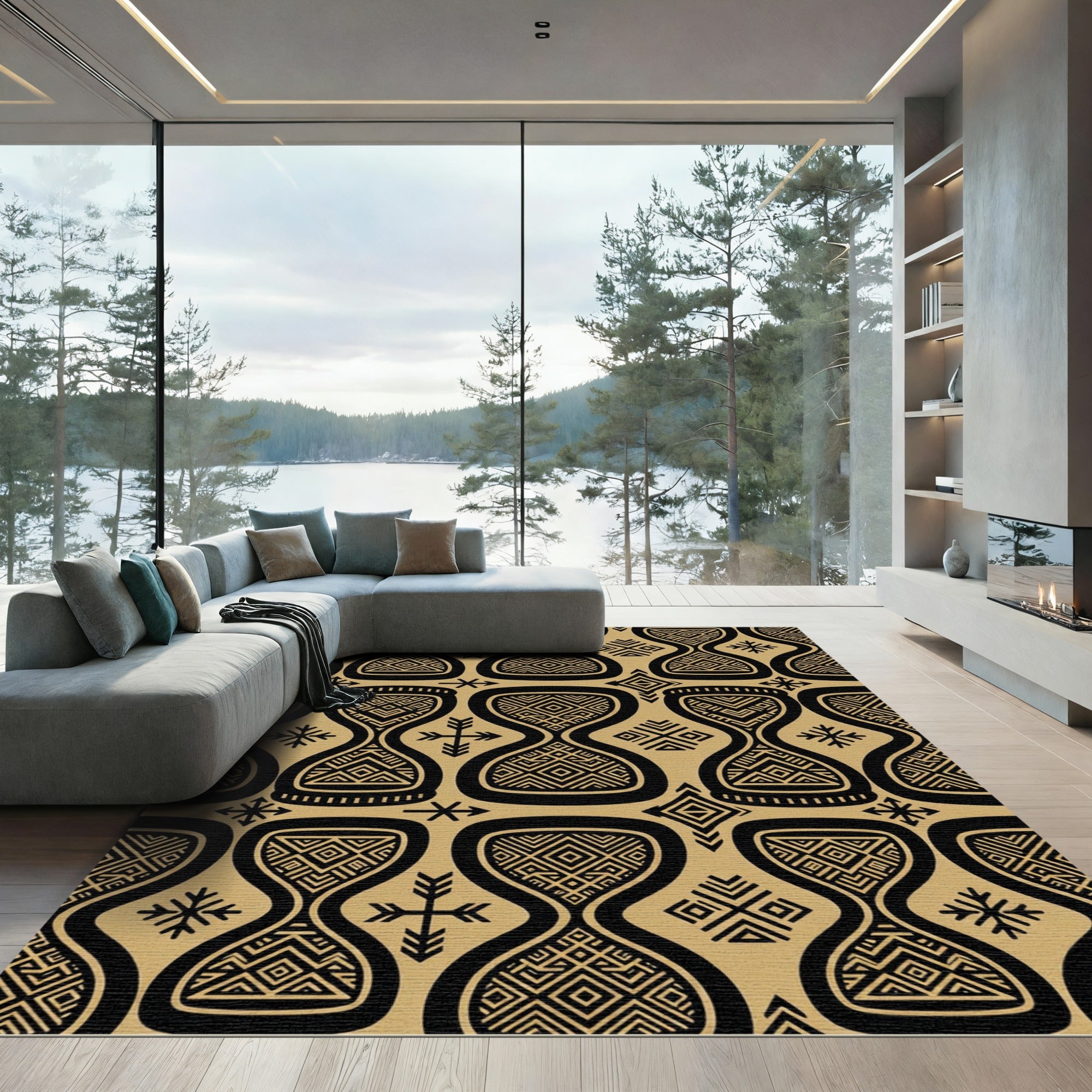 Geometric Gold and Black Tribal Hourglass Rug