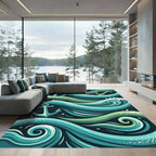 Whimsical Teal Anchor Oceanic Wave Rug