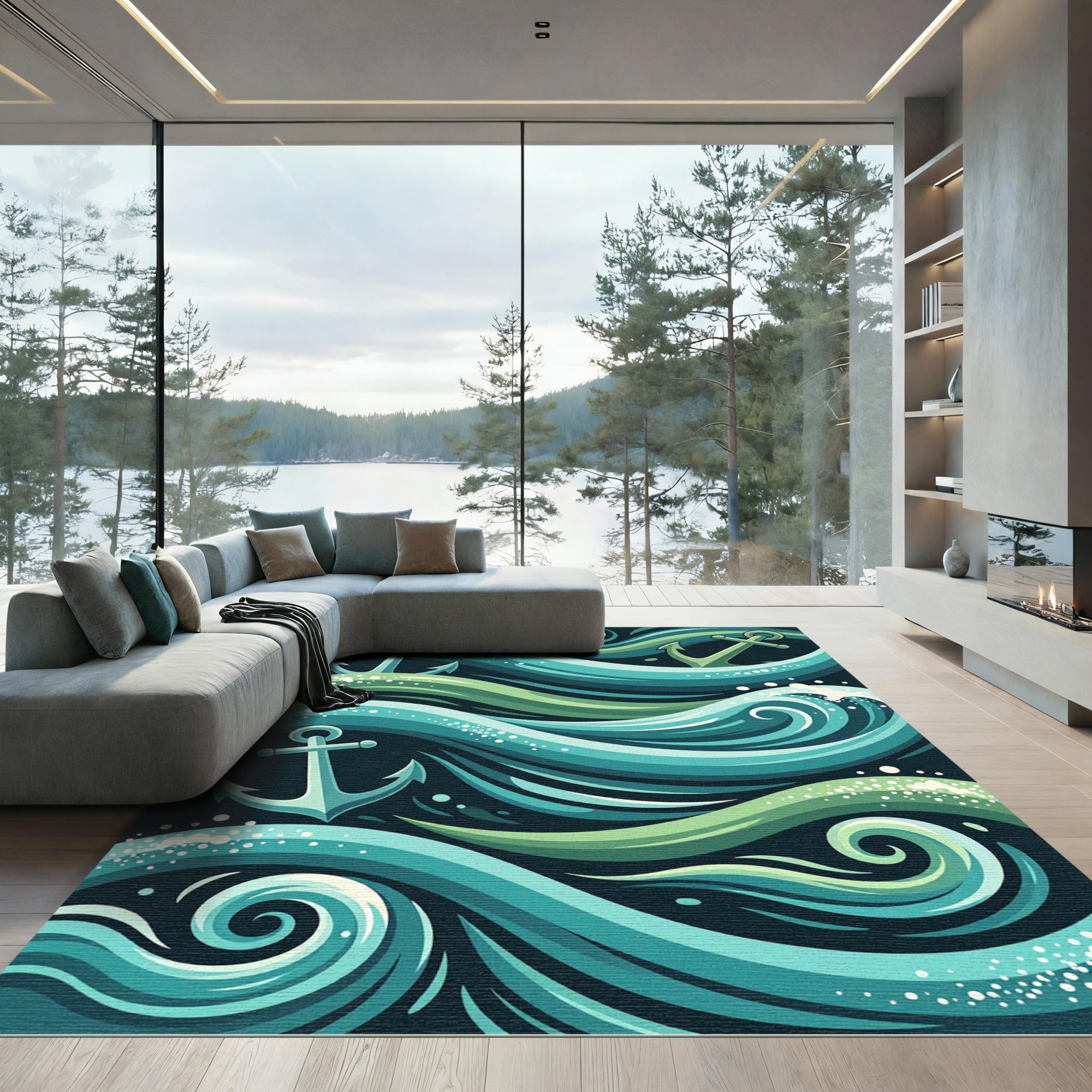 Whimsical Teal Anchor Oceanic Wave Rug