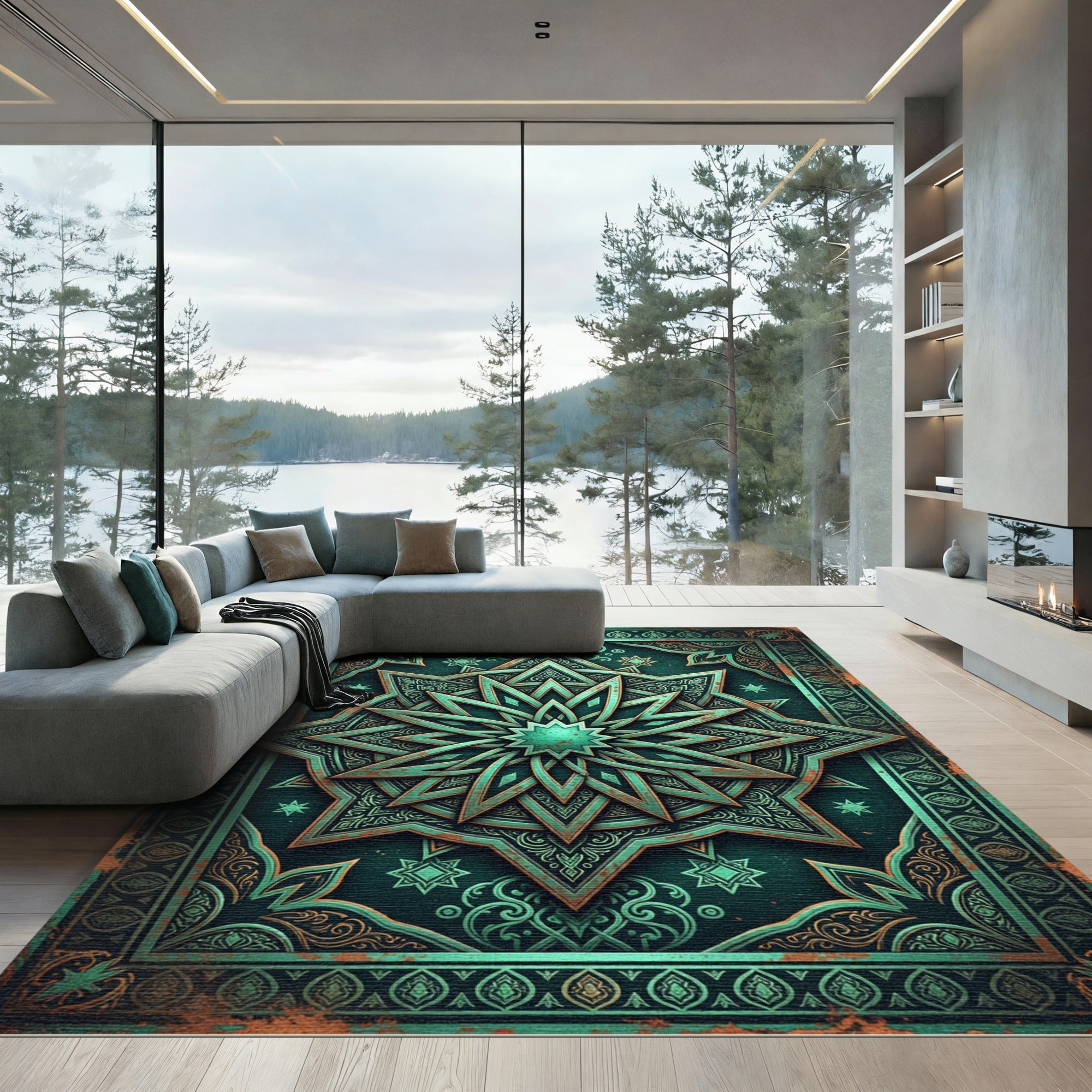 Ornate Teal Celestial Star Medallion Rug