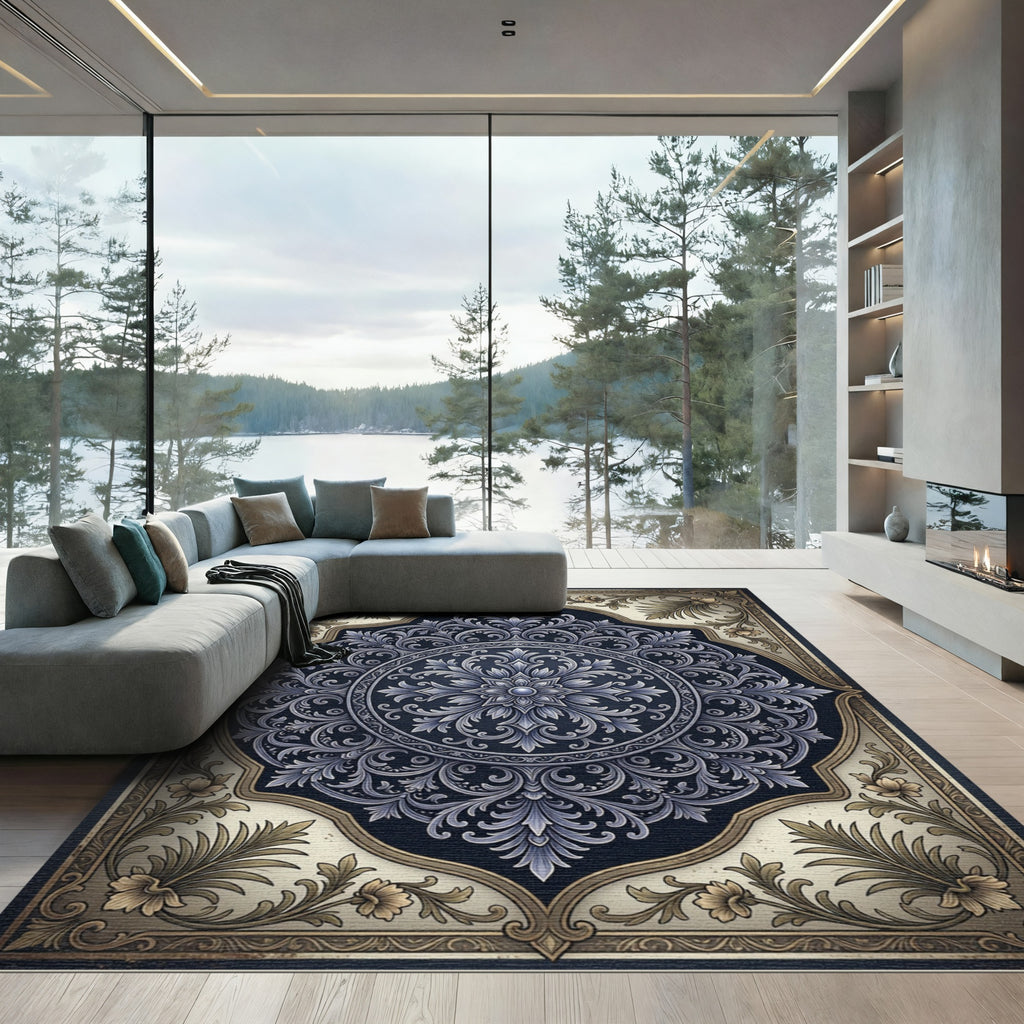 Ornate Blue Golden Floral Medallion Rug