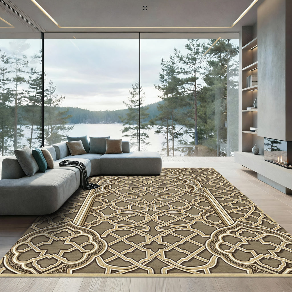 Intricate Beige Geometric Interlaced Arabesque Rug