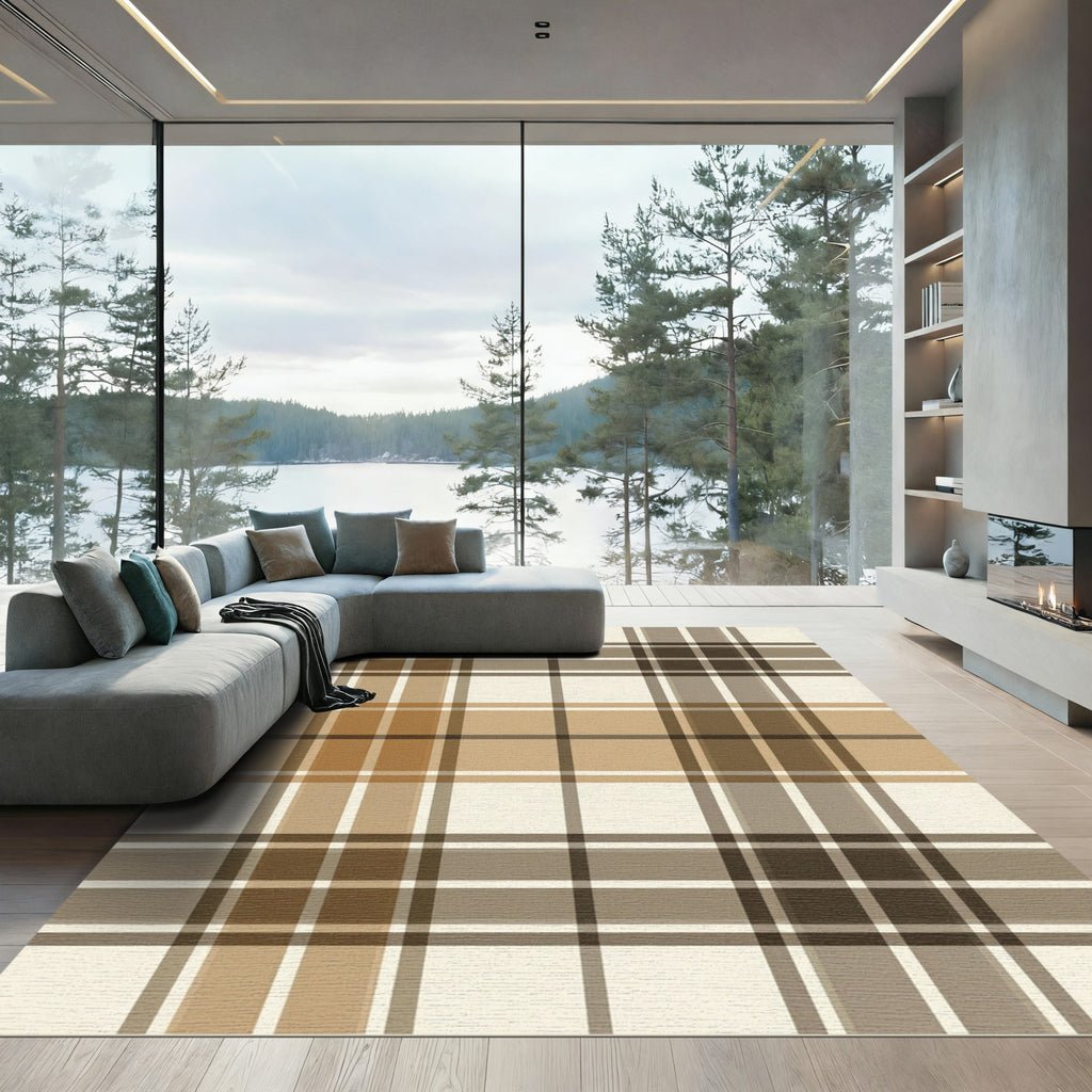 Taupe and Tan Plaid Grid Rug