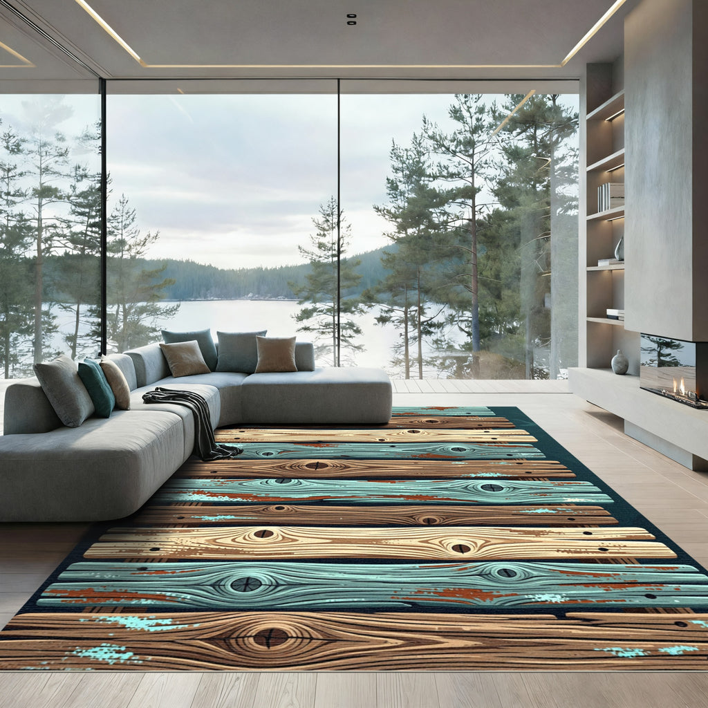 Rustic Coastal Weathered Wood Plank Striped Rug