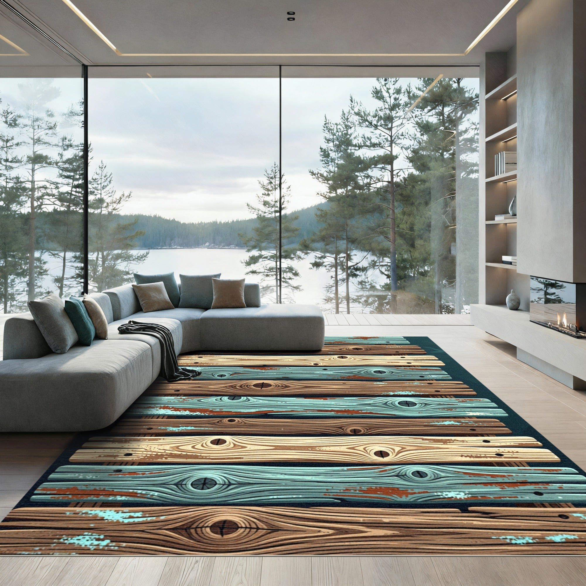Rustic Coastal Weathered Wood Plank Striped Rug