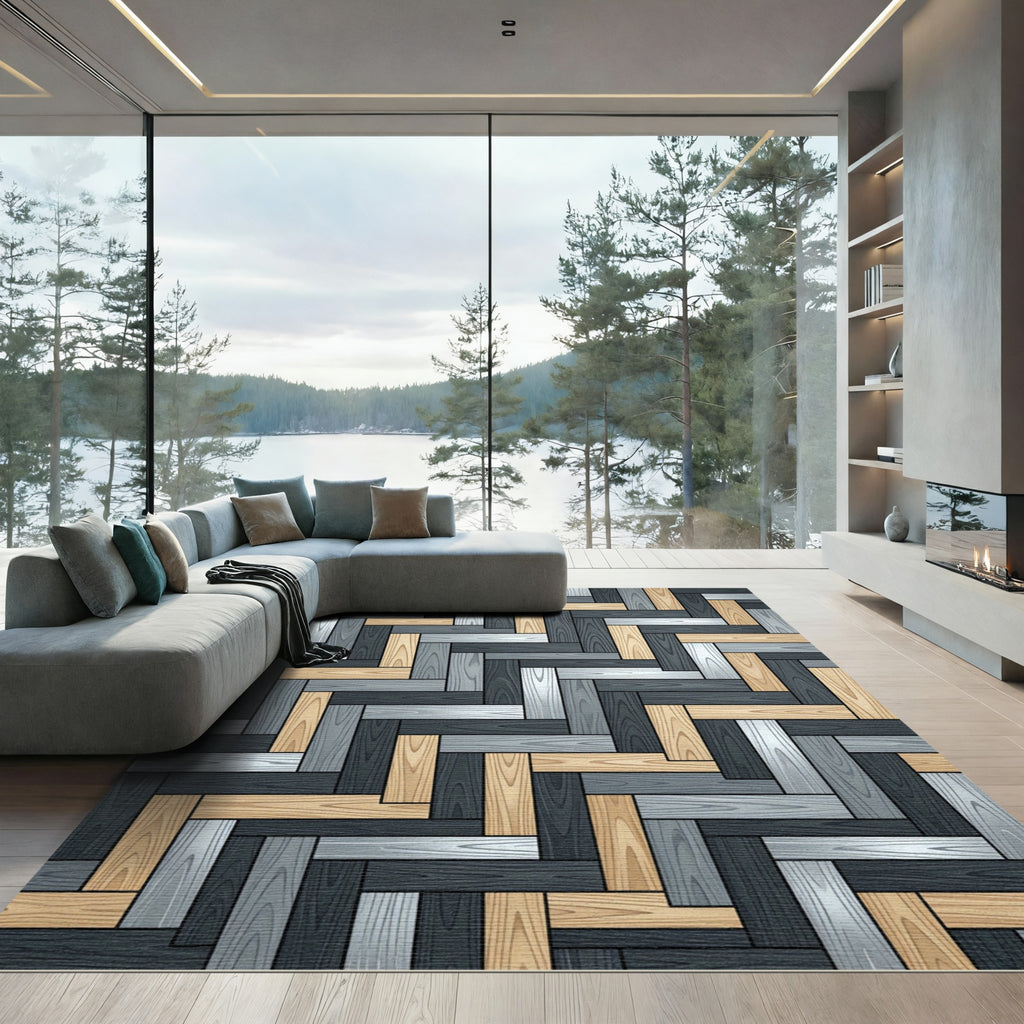 Modern Herringbone Gray and Tan Wood Rug