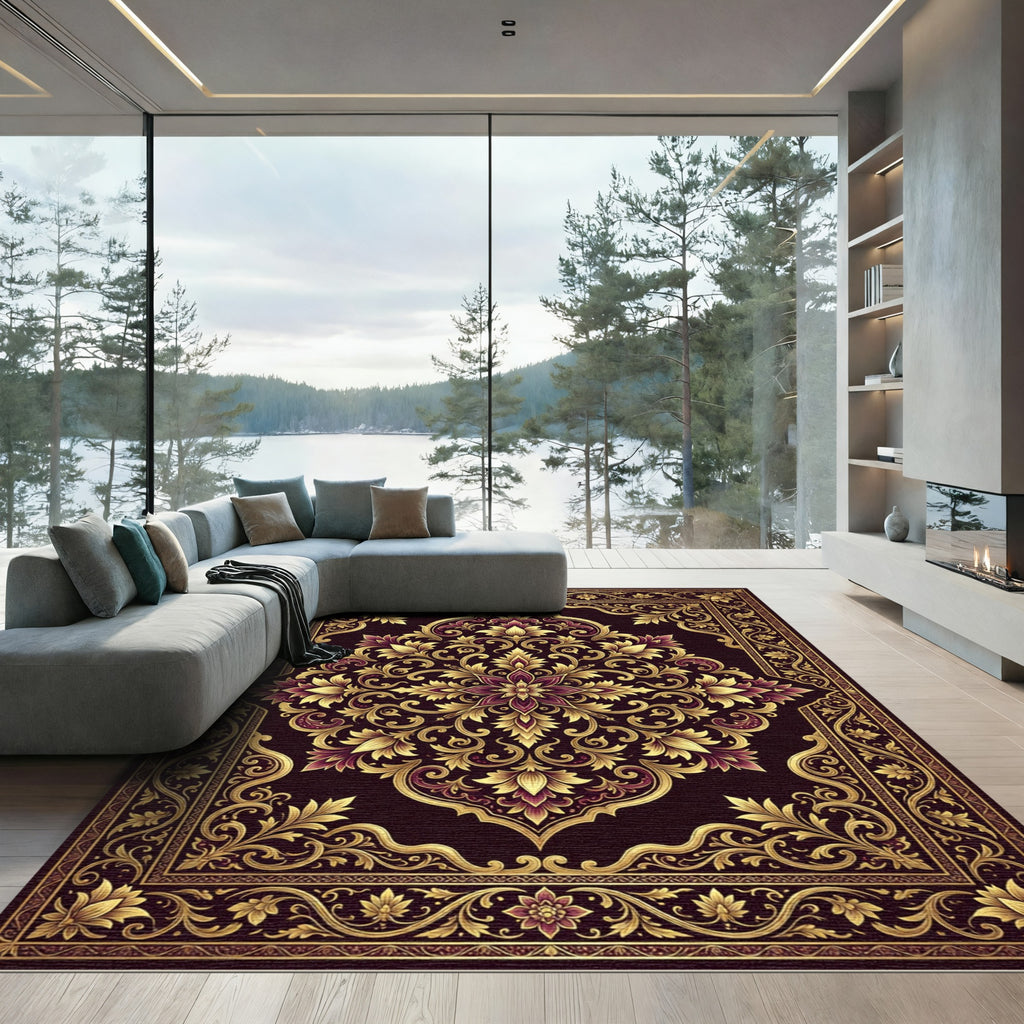 Ornate Deep Burgundy Golden Damask Foliage Rug