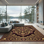 Ornate Deep Burgundy Golden Damask Foliage Rug