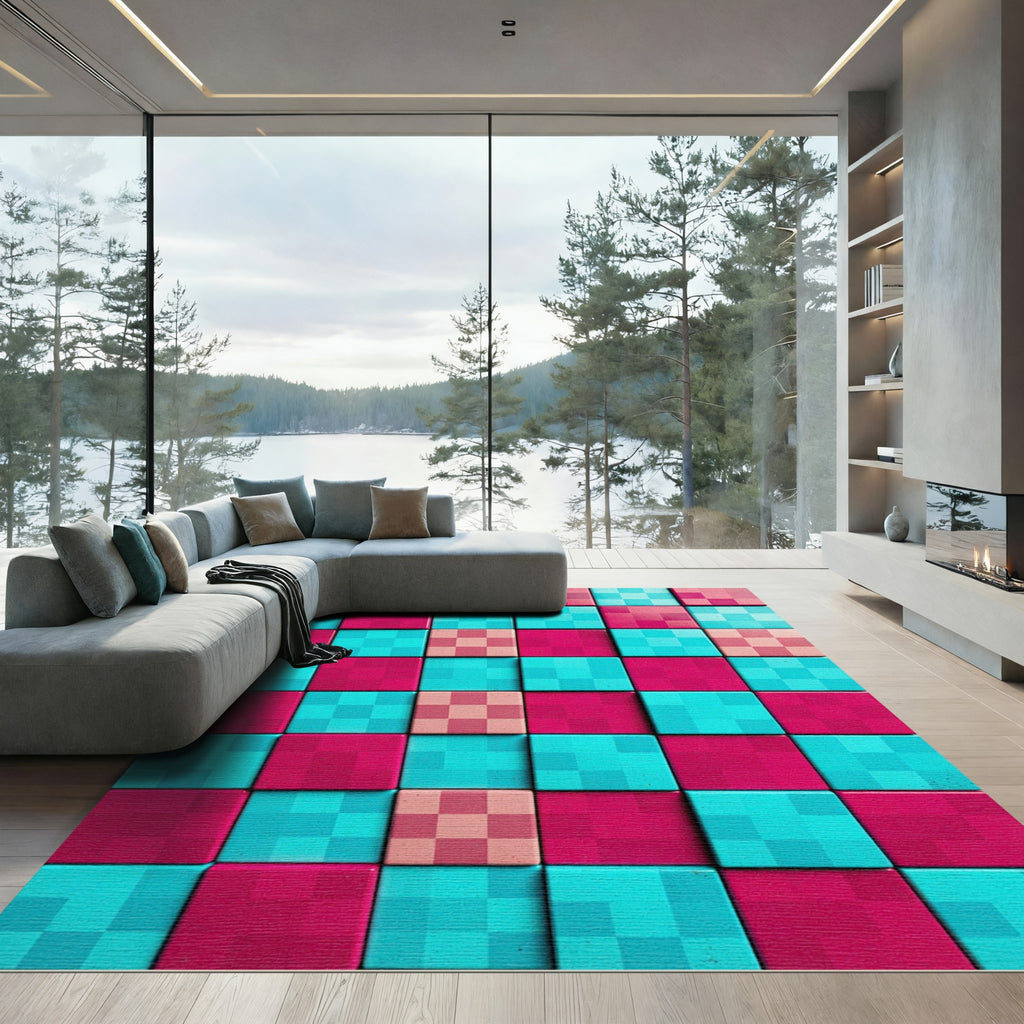 Vibrant Fuchsia and Teal Pixel Grid Rug