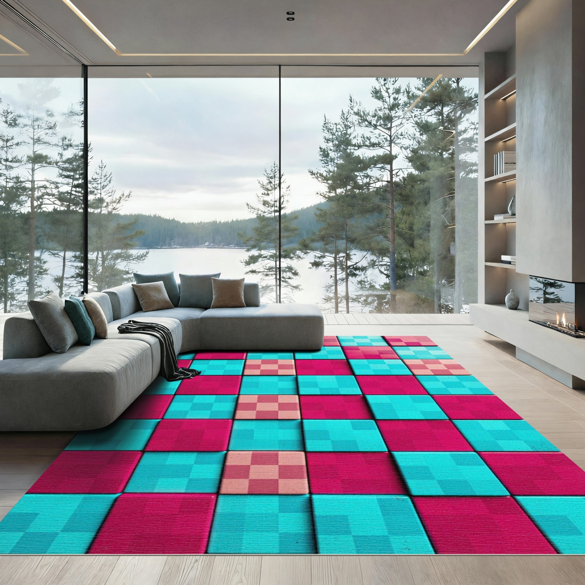 Vibrant Fuchsia and Teal Pixel Grid Rug