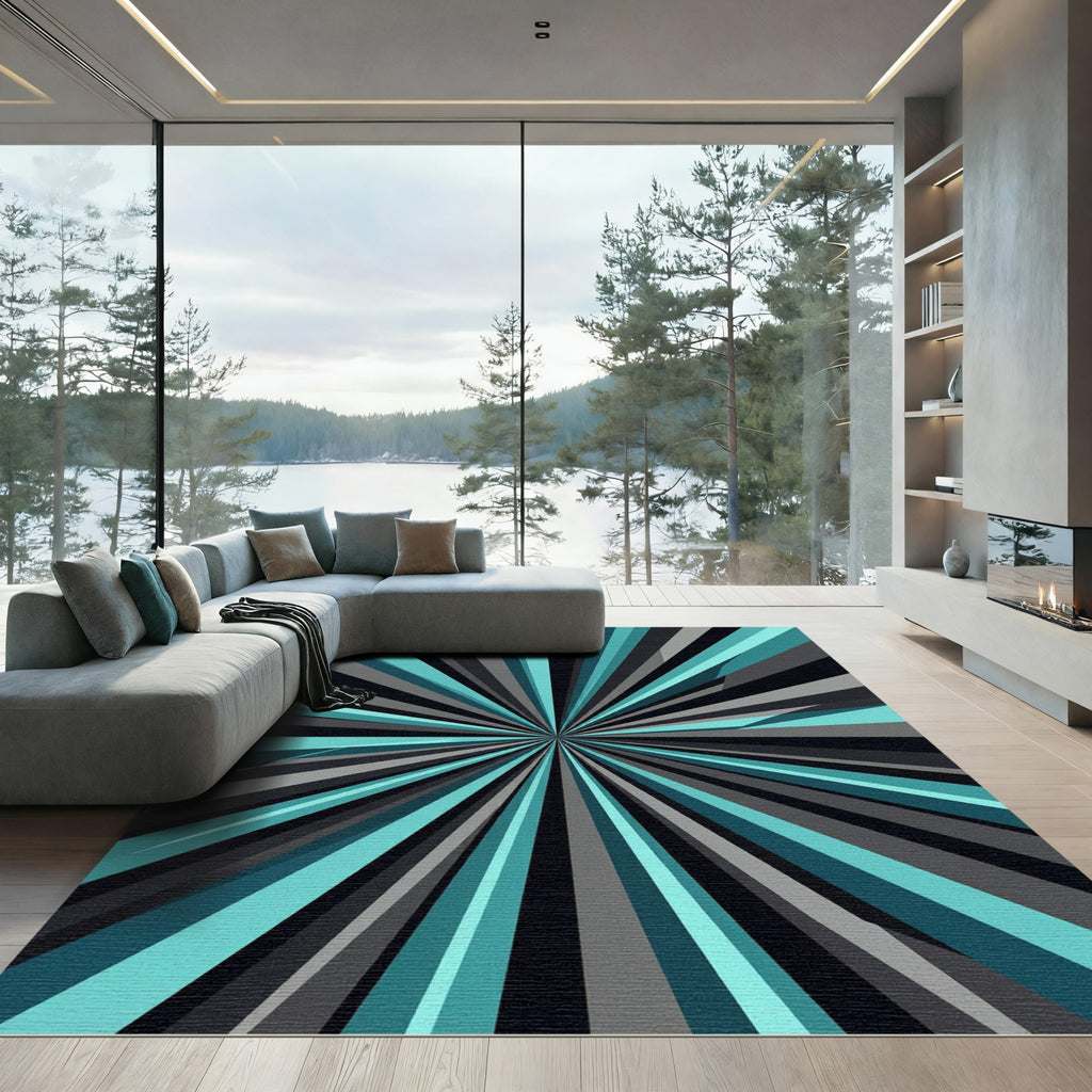 Modern Teal Black Gray Radiating Ray Rug