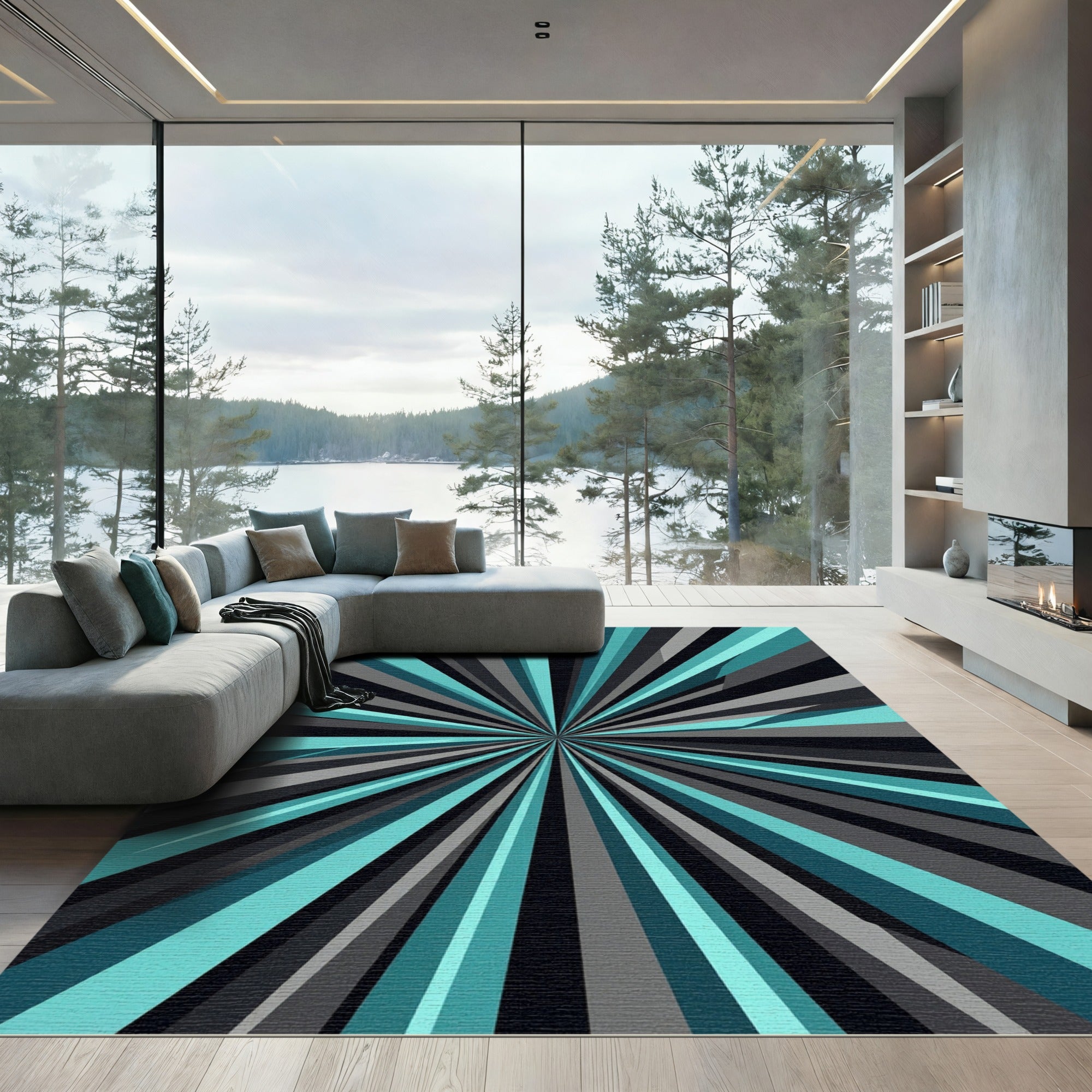 Modern Teal Black Gray Radiating Ray Rug
