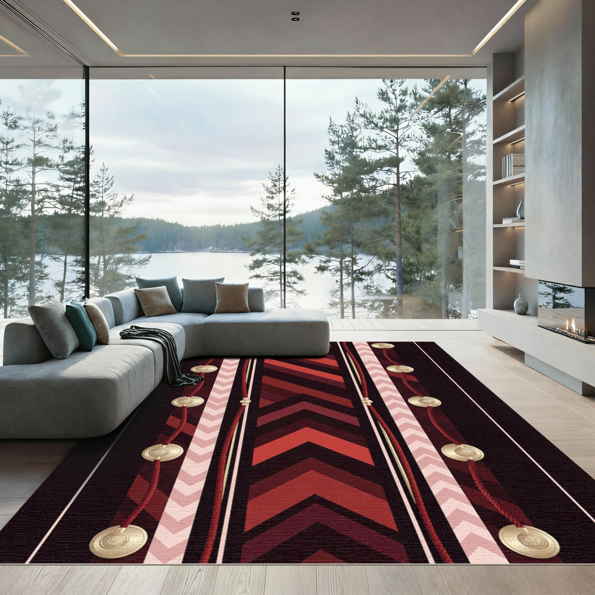 Symmetrical Crimson Geometric Stripe Accent Rug