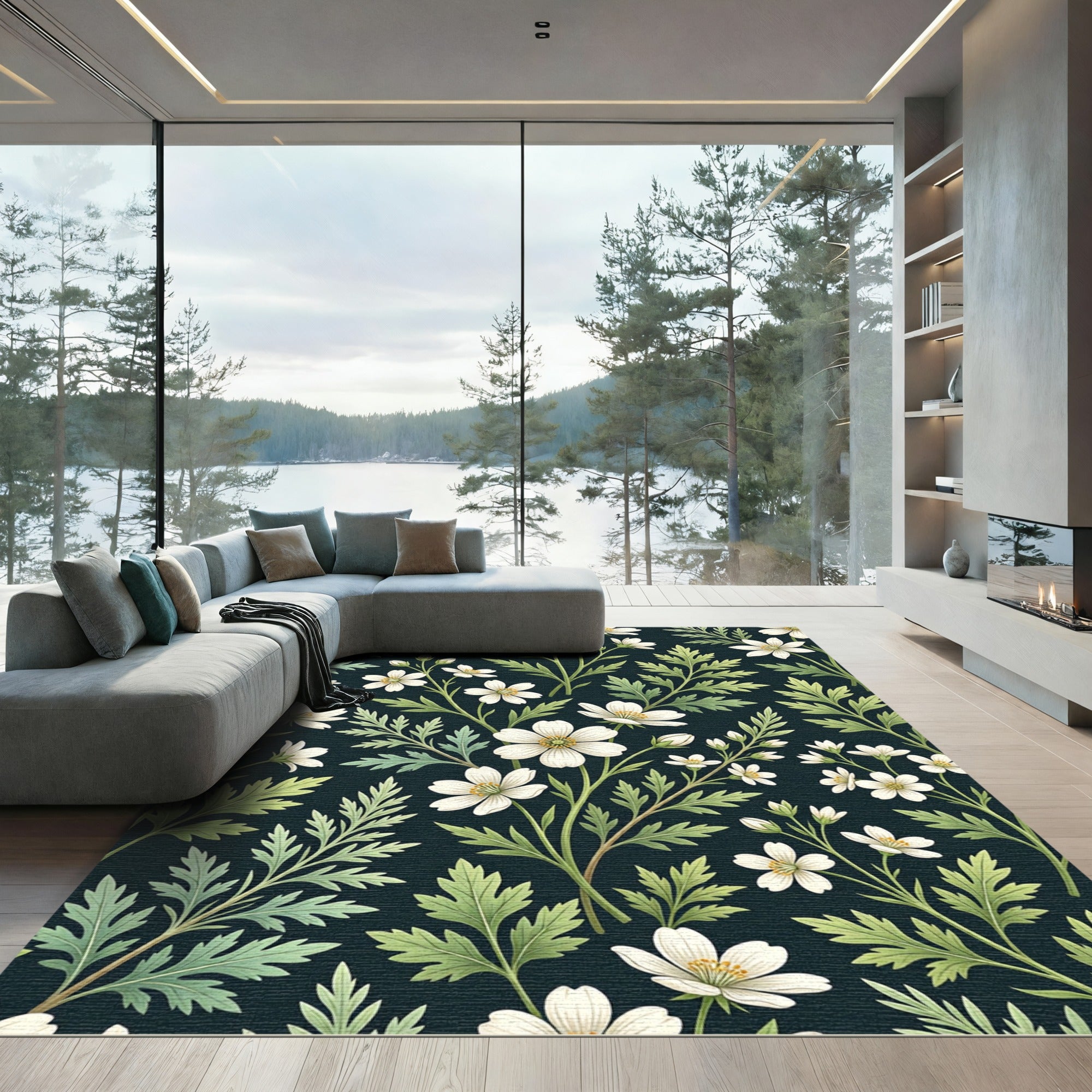 Dark Floral White Blossom Sprigs Rug