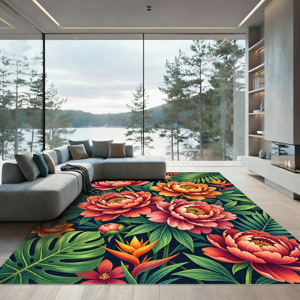 Tropical Deep Coral Peony Foliage Rug