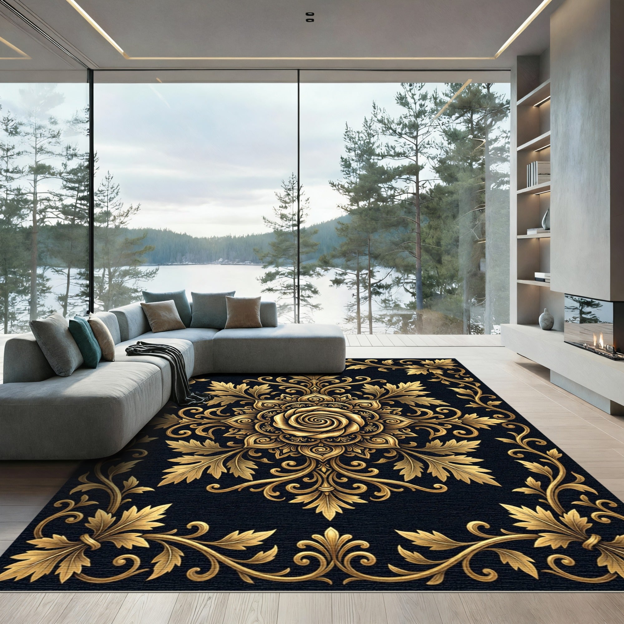 Ornate Gold Floral Rose Medallion Rug