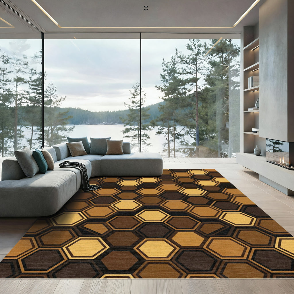 Golden Brown Hexagon Geometric Rug