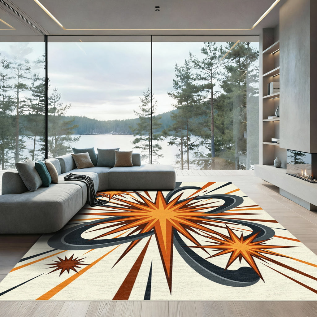 Mid-Century Orange Starburst Atomic Ray Rug