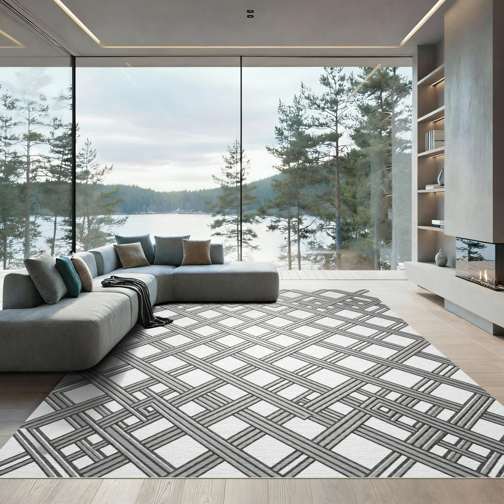 Modern Silver Metallic Interlocking Grid Rug