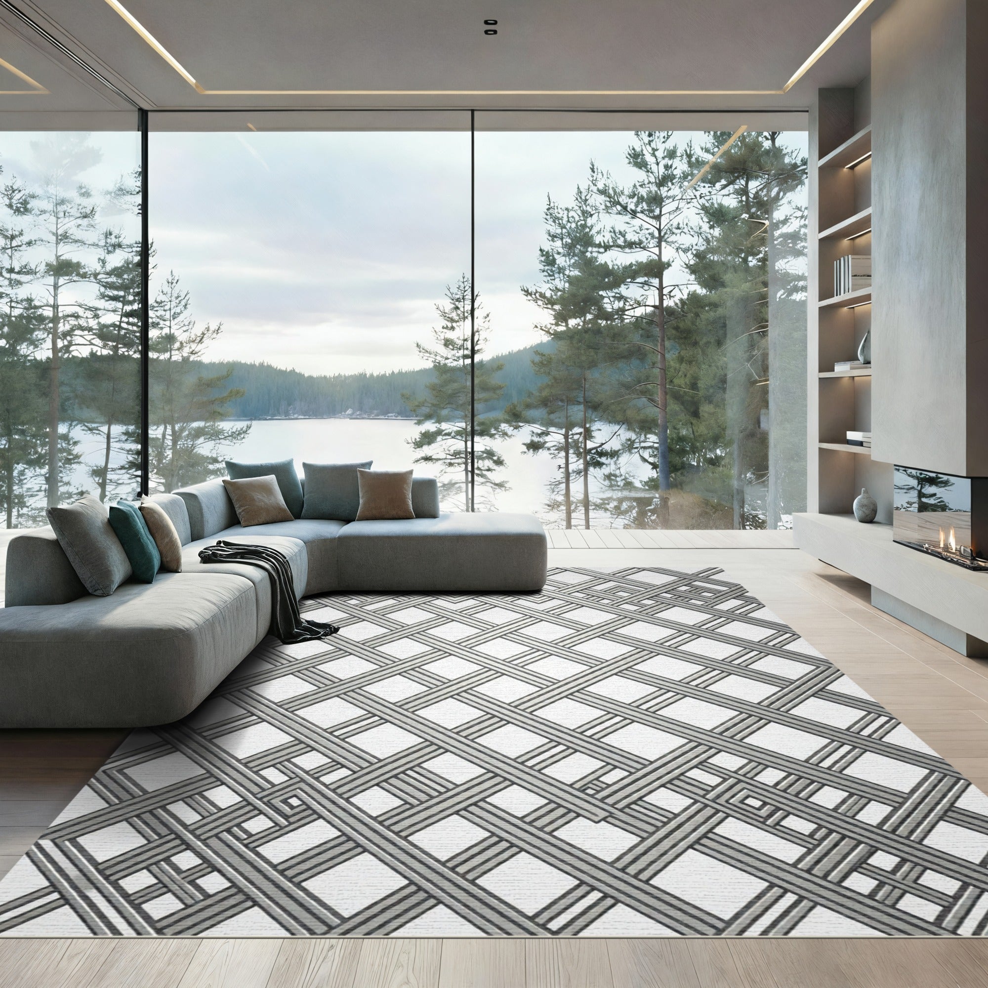 Modern Silver Metallic Interlocking Grid Rug